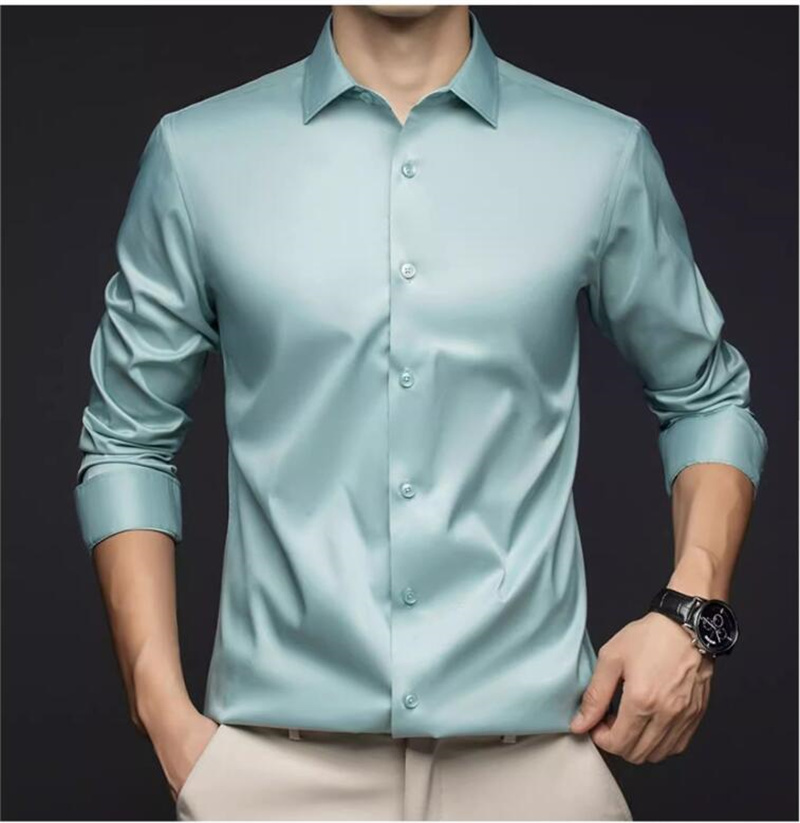 Mens Satin Silk Dress Shirt - Erkek Uzun Kollu Profesyonel Gömlekler İlkbahar