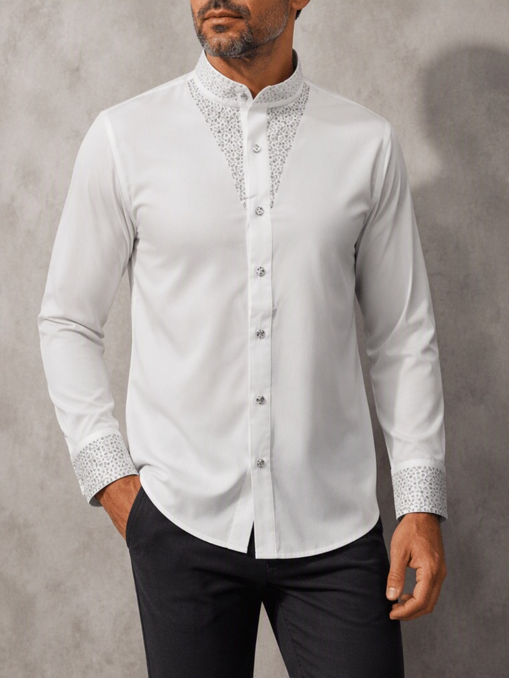Mandarin Collar Formal Shirt Slim Fit - Erkek Günlük İş Bluzu Moda Lüks