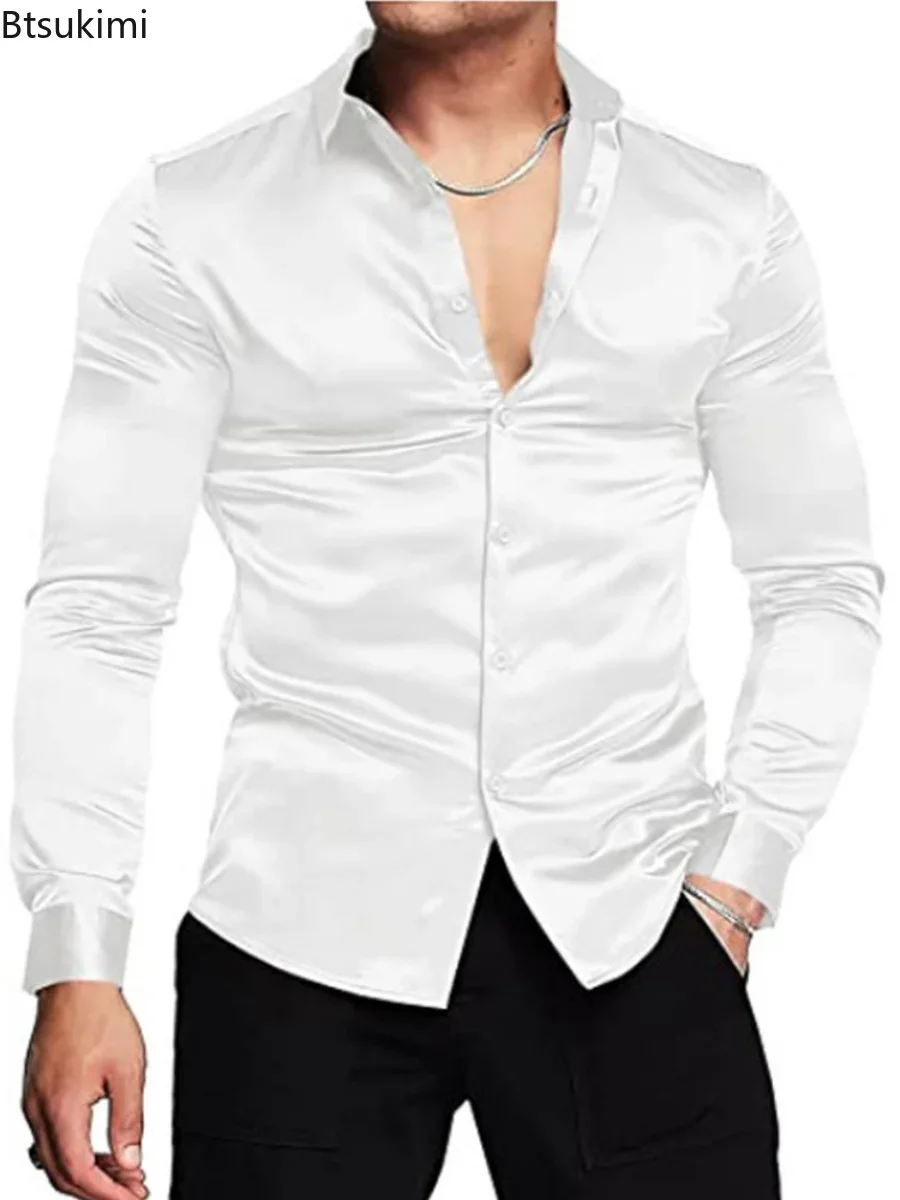 Mens Satin Silk Dress Shirt - Yeni 2026 Erkek Lüks Parlak İpek