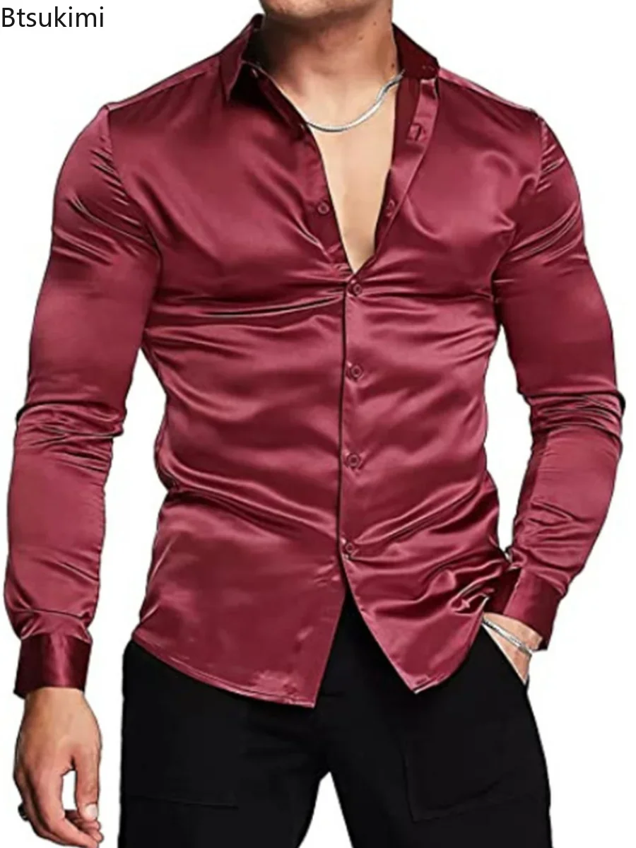 Yeni 2026 Erkek Lüks Parlak İp - Mens Satin Silk Dress Shirt incelemesi ve fiyatı