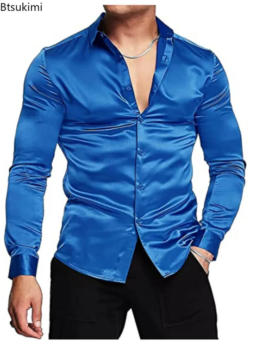 Yeni 2026 Erkek Lüks Parlak İp - Mens Satin Silk Dress Shirt incelemesi ve fiyatı
