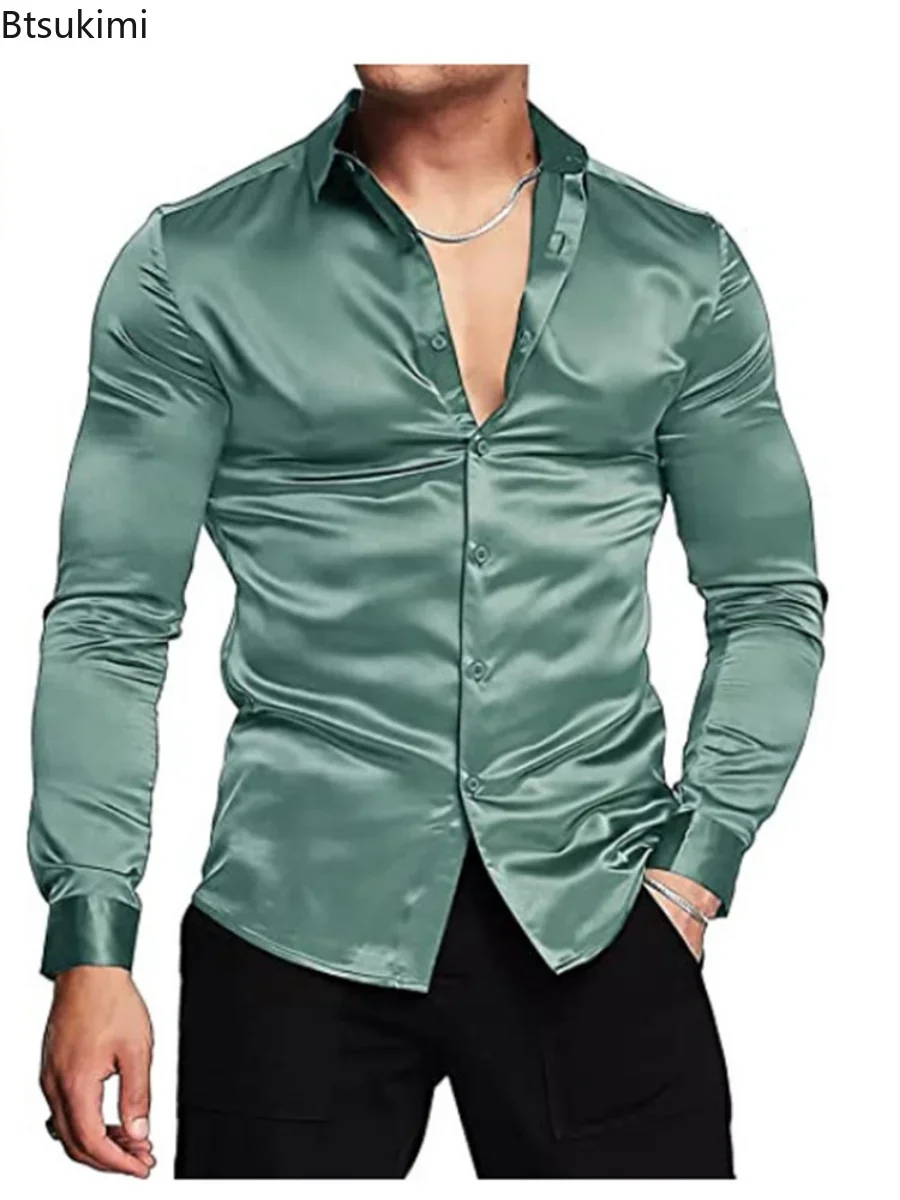 Yeni 2026 Erkek Lüks Parlak İp - Mens Satin Silk Dress Shirt incelemesi ve fiyatı